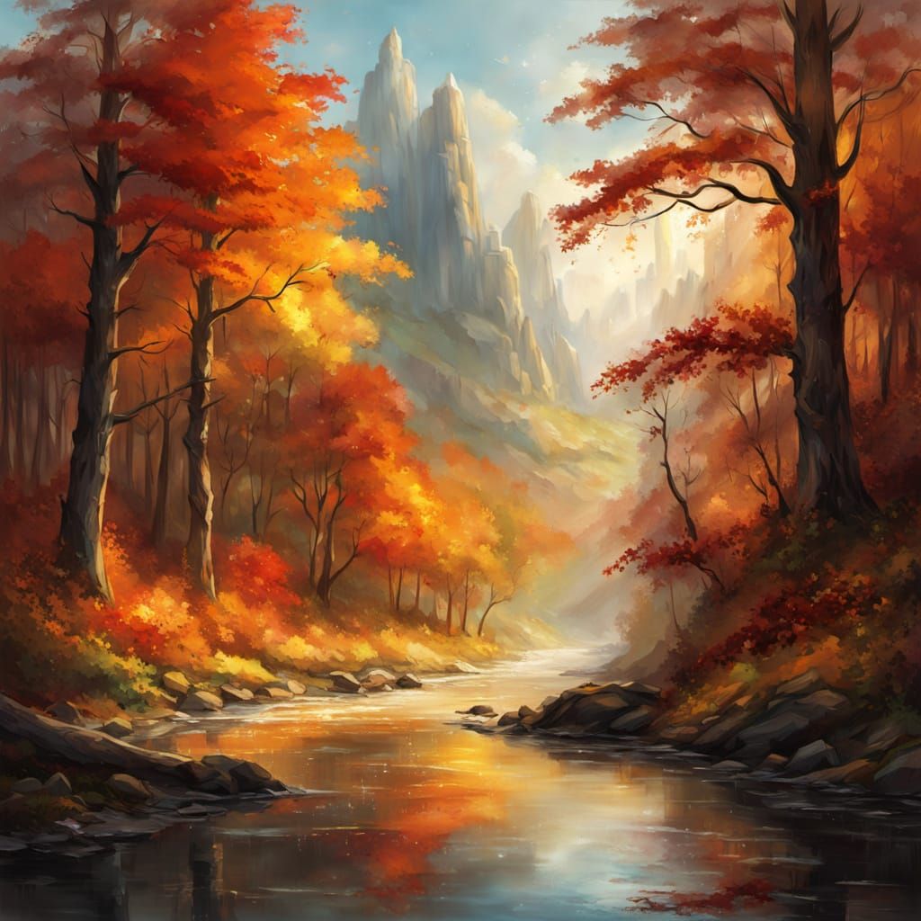 Magical Autumn River Landscape in Impressionistic Style