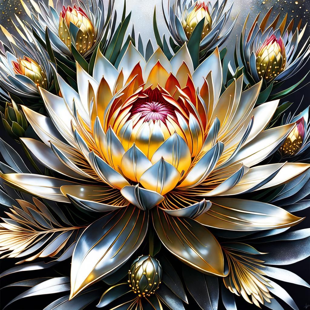 Metallic Protea and Rose Flowers Digital Art