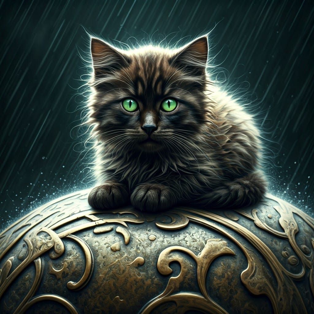 Emerald-Eyed Kitten in Rain, Cinematic Film Still