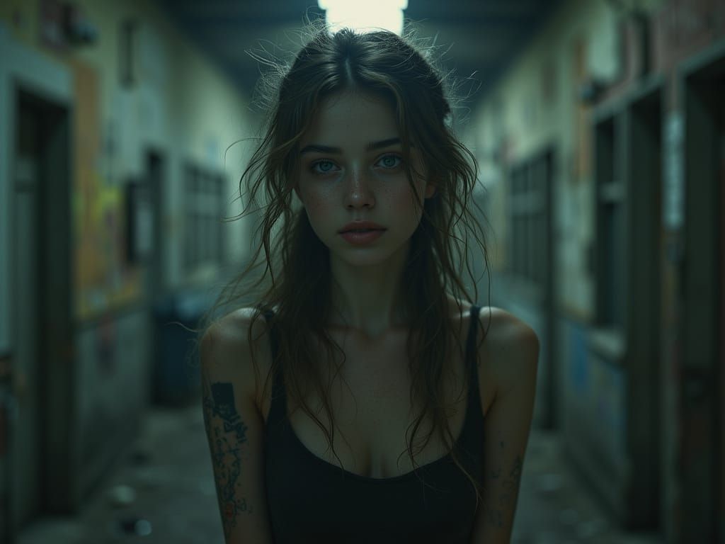 Melancholic Woman in Abandoned Setting: Photorealistic Digit...