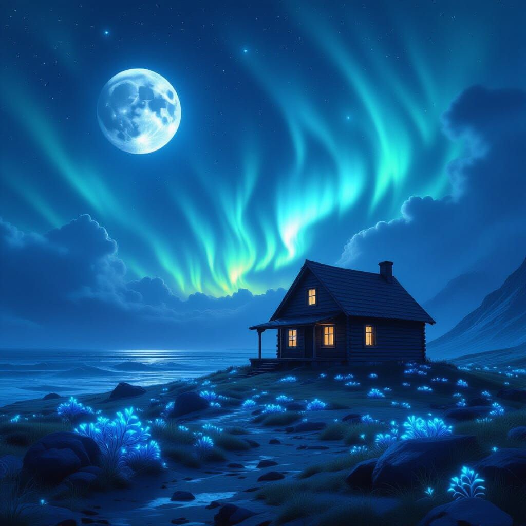 Alien Planet Cabin with Twin Moons and Aurora