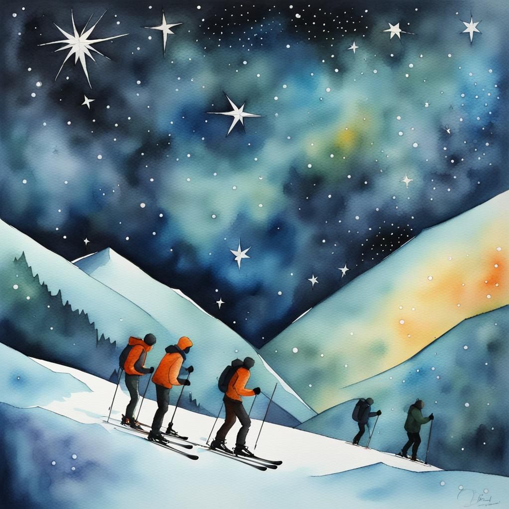 Skiers at Night: Watercolor Galaxy Adventure