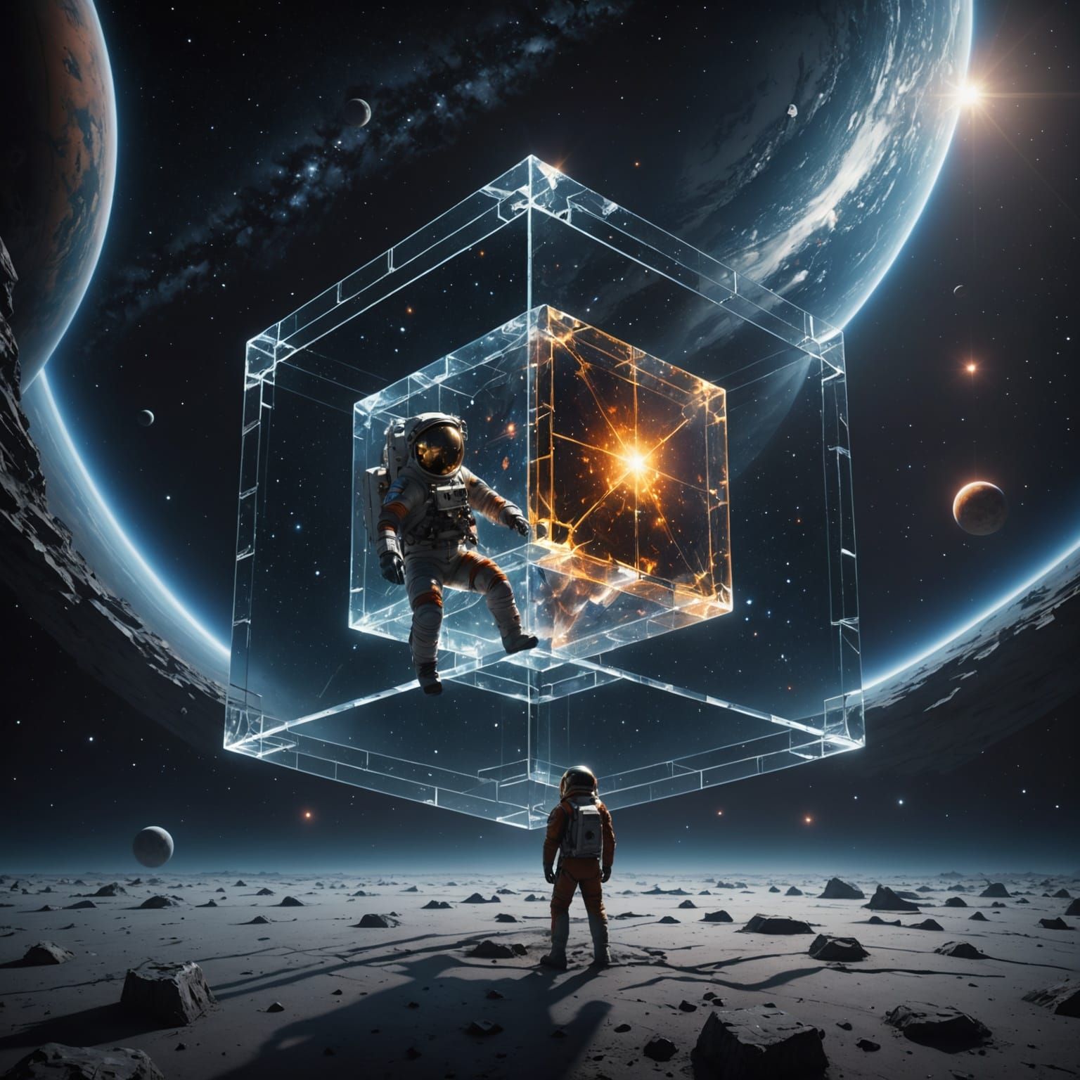 Astronaut Contemplates a Terrifying Star in a Glass Cube