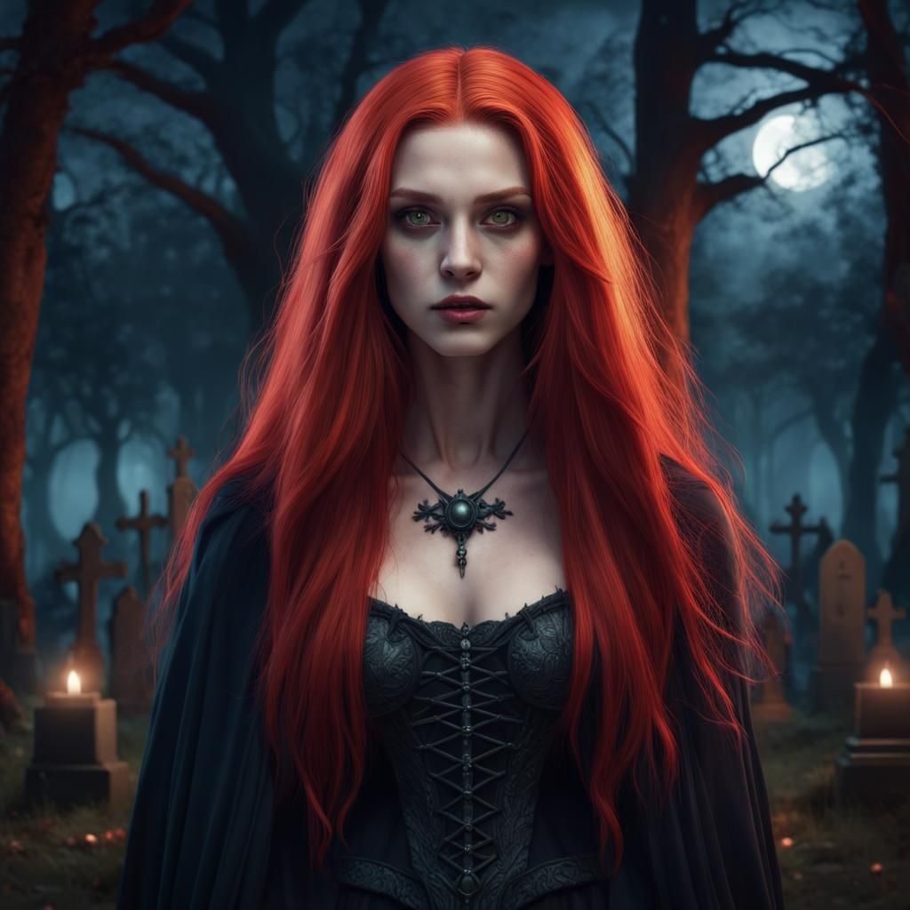 Red-Haired Witch in Graveyard, Detailed Matte Painting