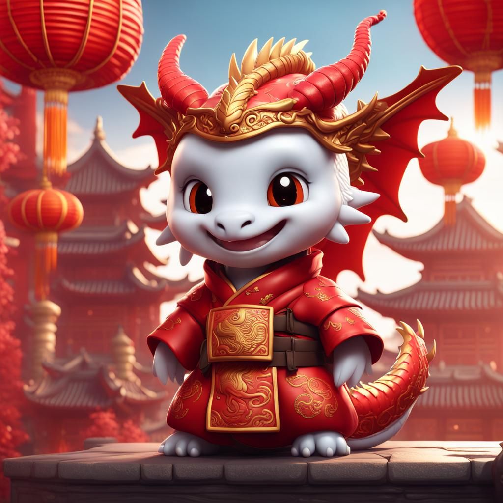 Cute chibi-style dragon, smiling, wearing traditional red Chinese holiday outfit
