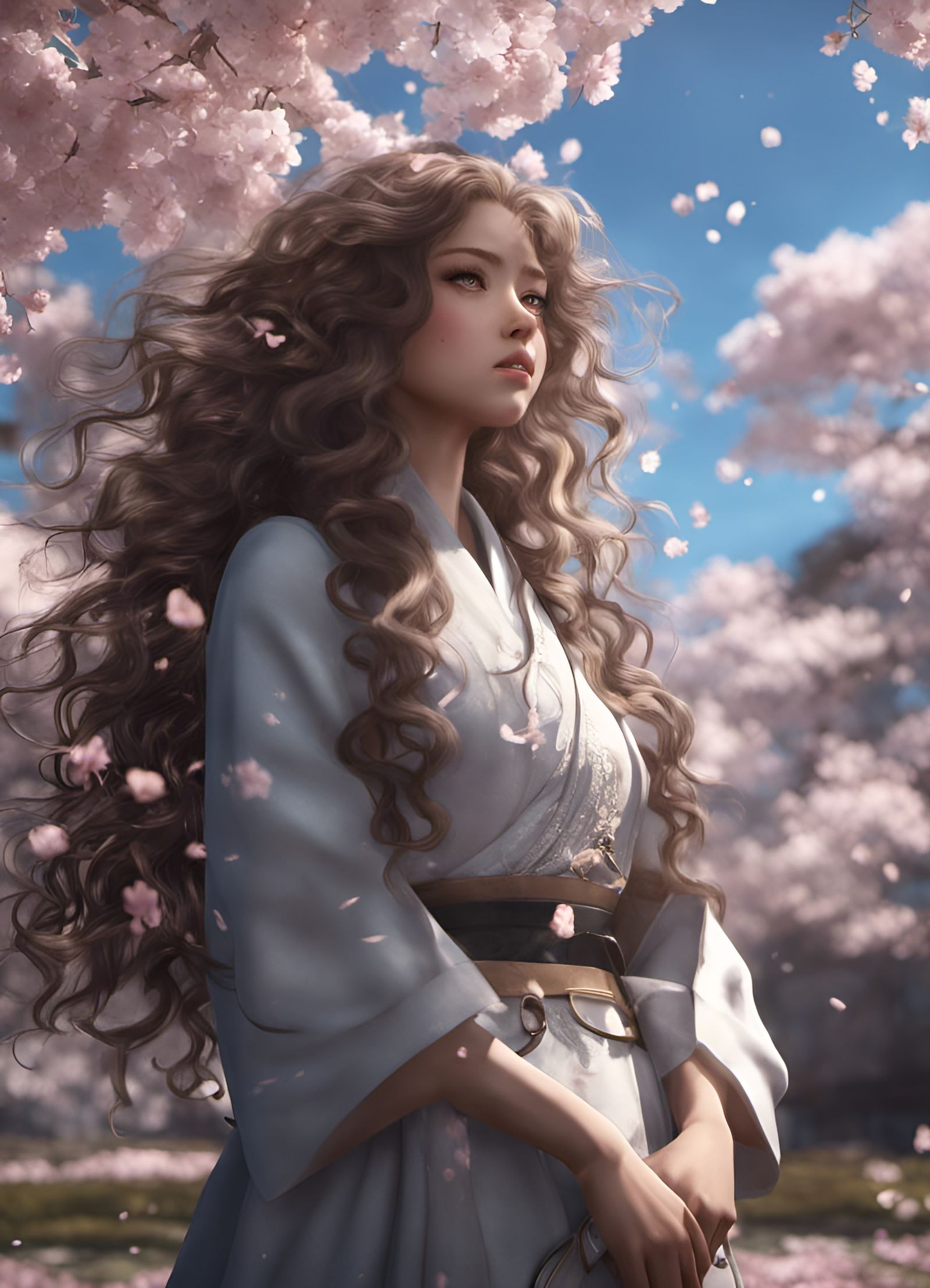 Anime Girl with Cherry Blossoms in the Wind