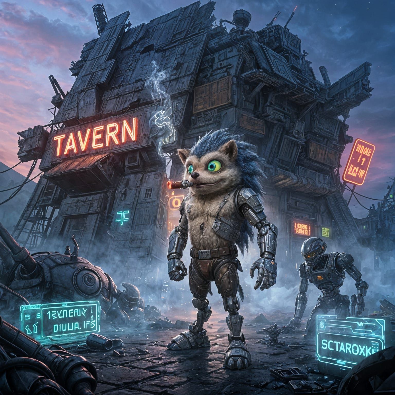 Cybernetic Hedgehog Owner of Junkyard Tavern in Sci-Fi Noir