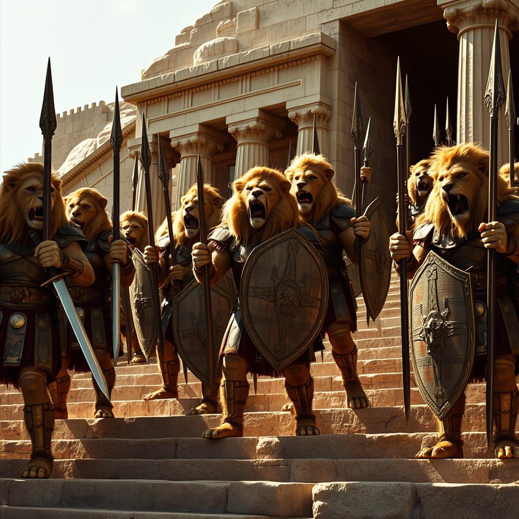 Lion Warriors Defend Temple in Cinematic Film Still