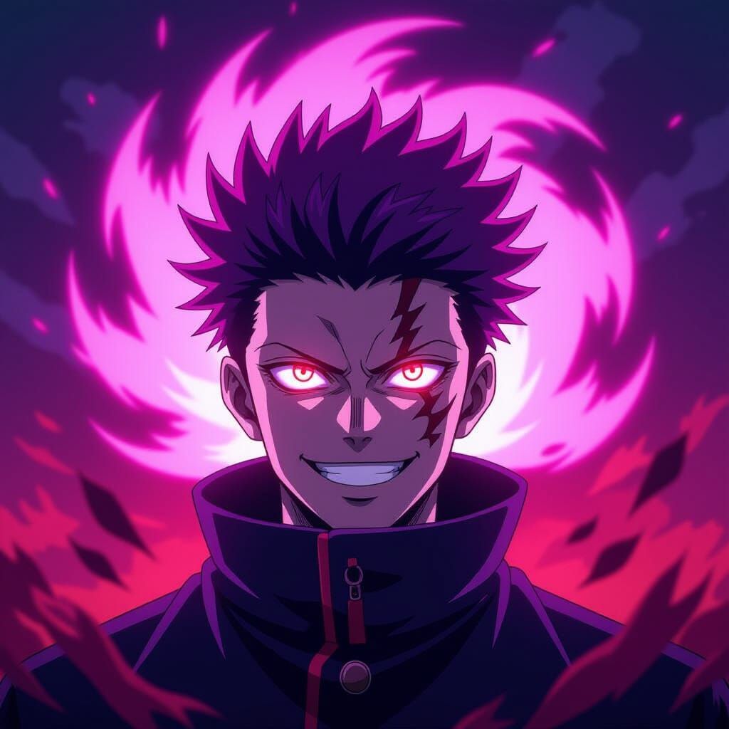 Sukuna's Crimson Gaze in a Swirling Aura