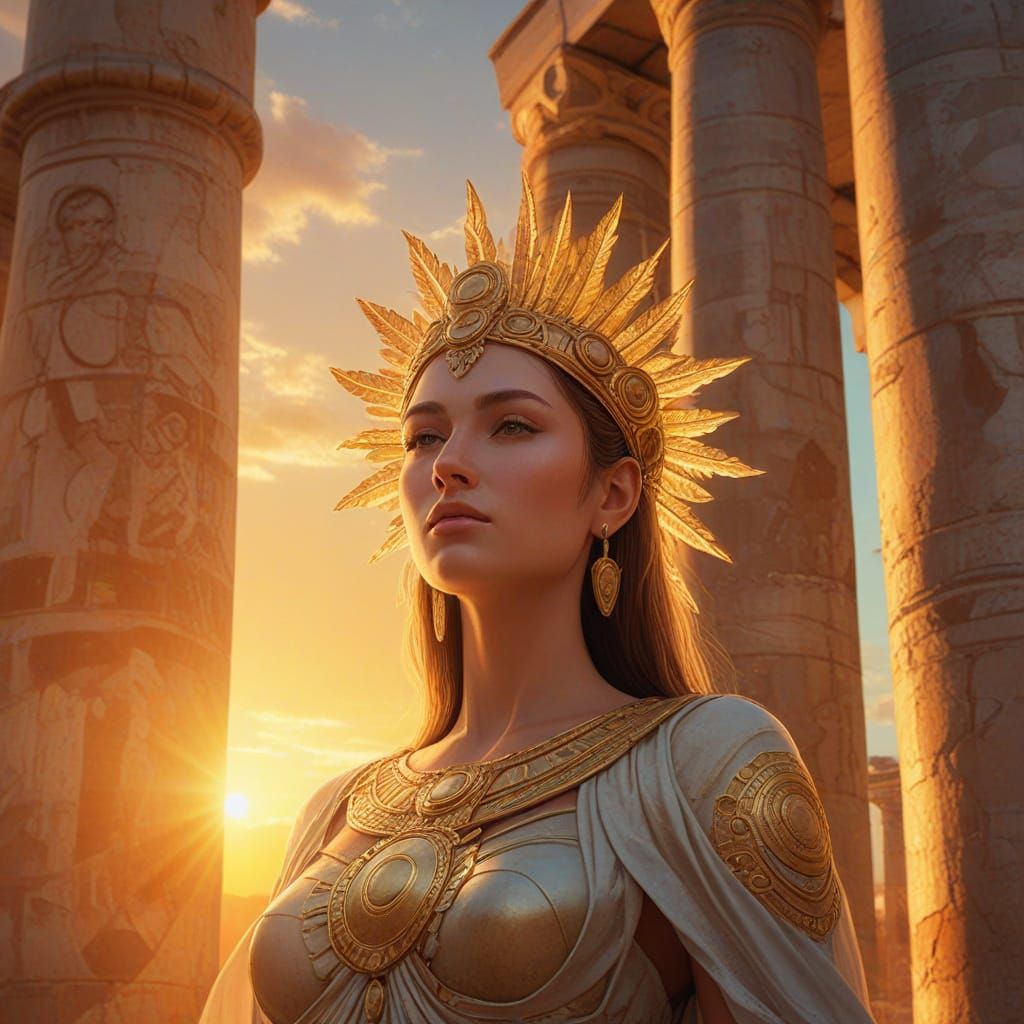 Sun Goddess over Ancient City: Surreal Oil Painting