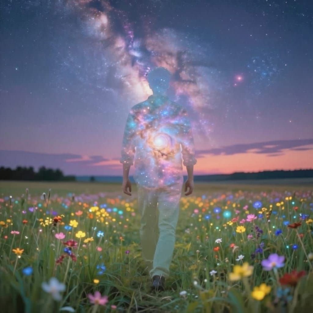 Man's Silhouette as Milky Way in Colorful Meadow
