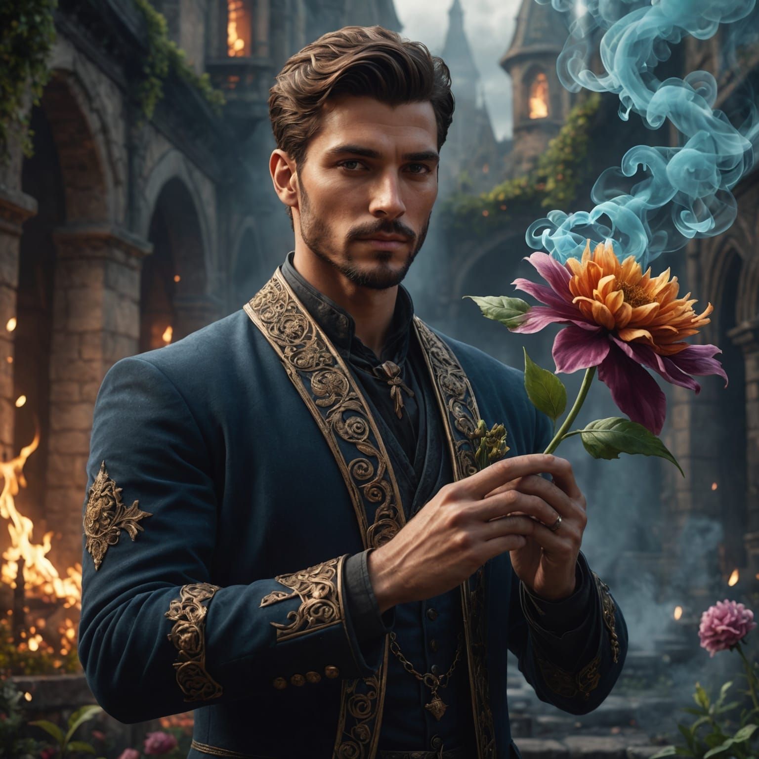 Man Holds Flower of Smoke: Detailed Digital Art