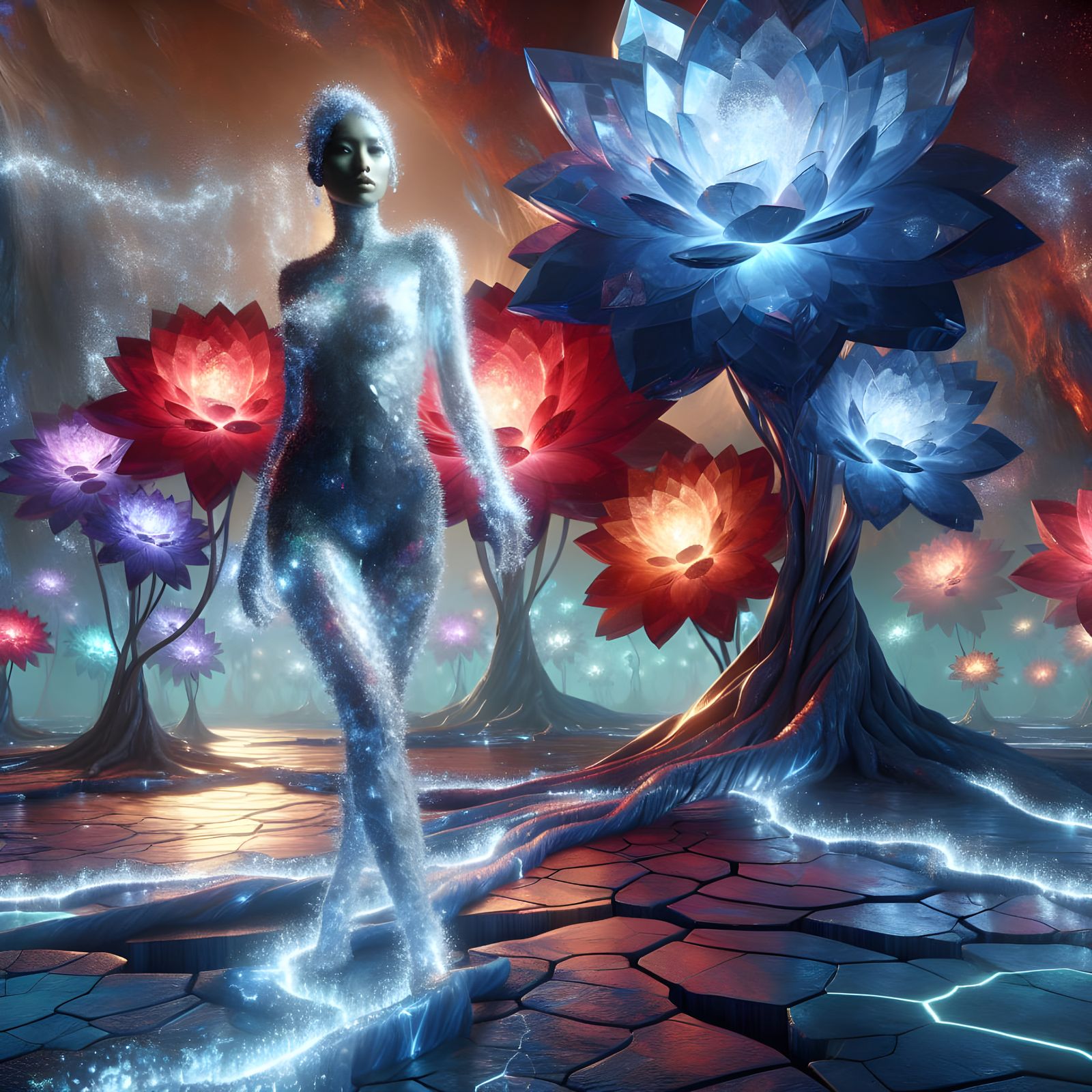 Quartz Woman Amidst Crystal Flowers on Obsidian Plain