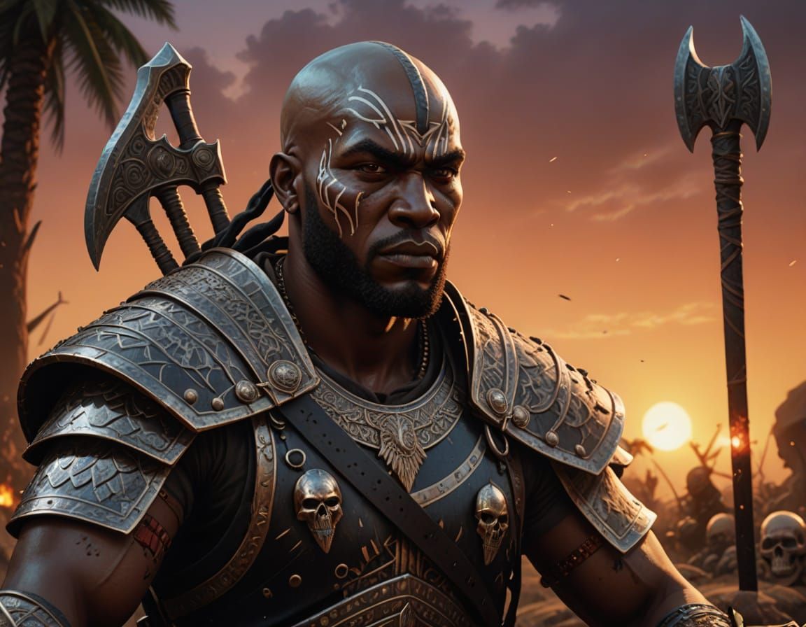 Savage West African Warrior Seated on Throne of Skulls