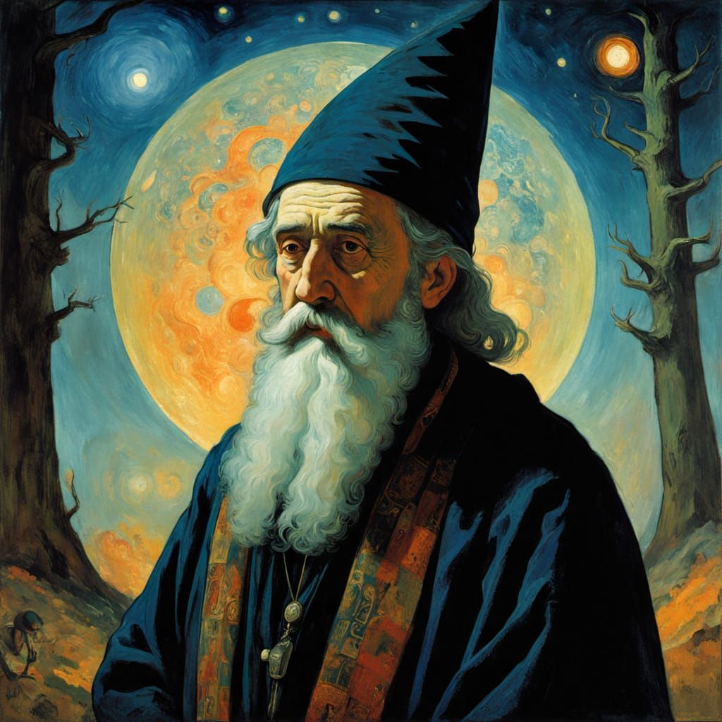 Wizard in Fantasy Woodland: Surrealist Oil Painting
