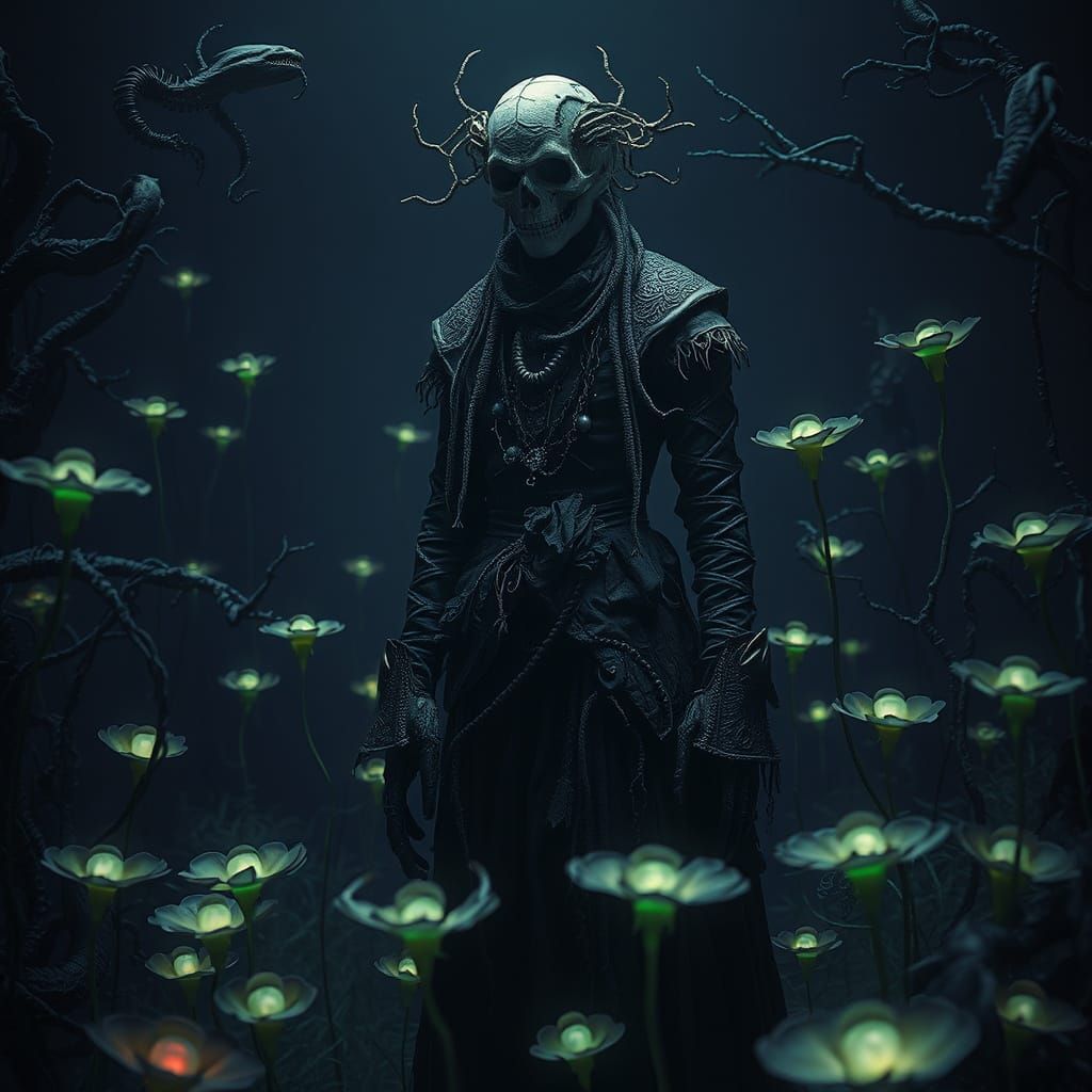 Mystical Figure in Bioluminescent Realm, Surrealist Art