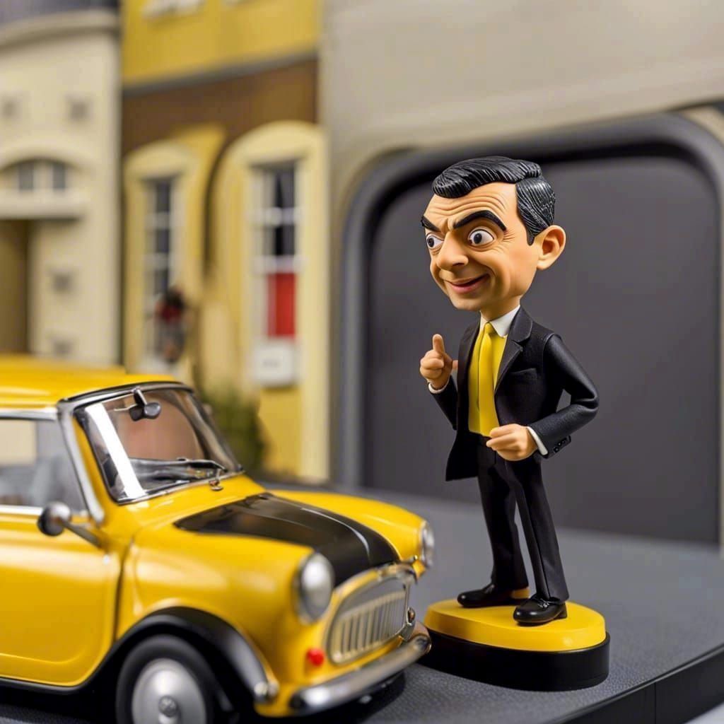 Mr Bean and his iconic yellow Mini
