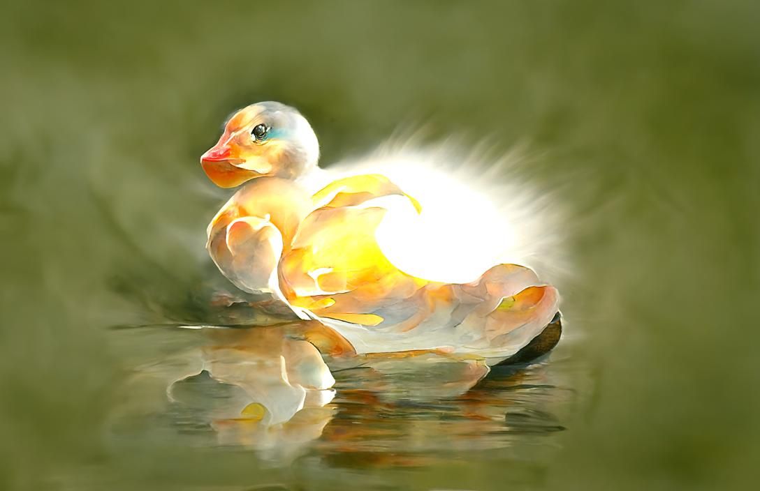 Backlit Duckling on Lake: Watercolour Line Drawing
