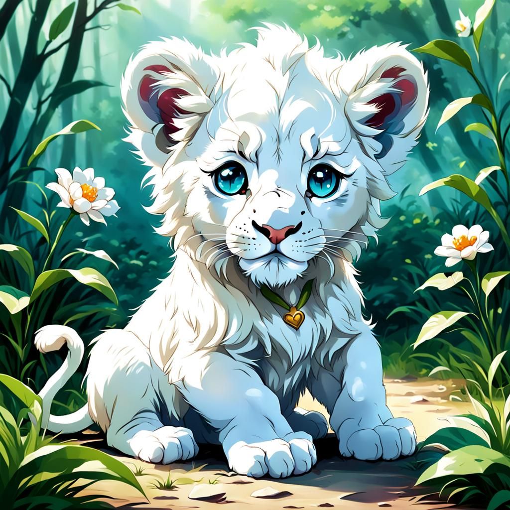Adorable White Lion Cub in Anime Style
