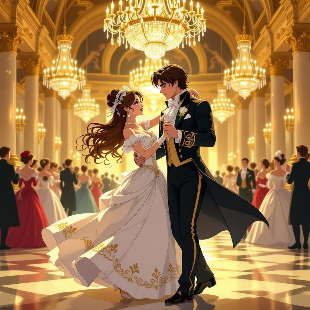 Elegant 1800s Masquerade Ball Dance in Golden Ballroom