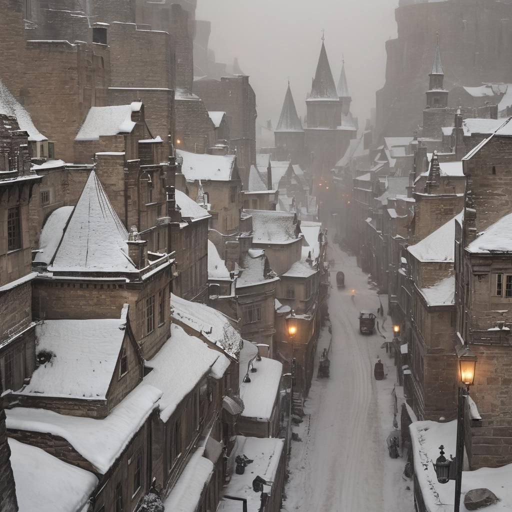 Snowy Medieval City in Fog, Detailed Matte Painting