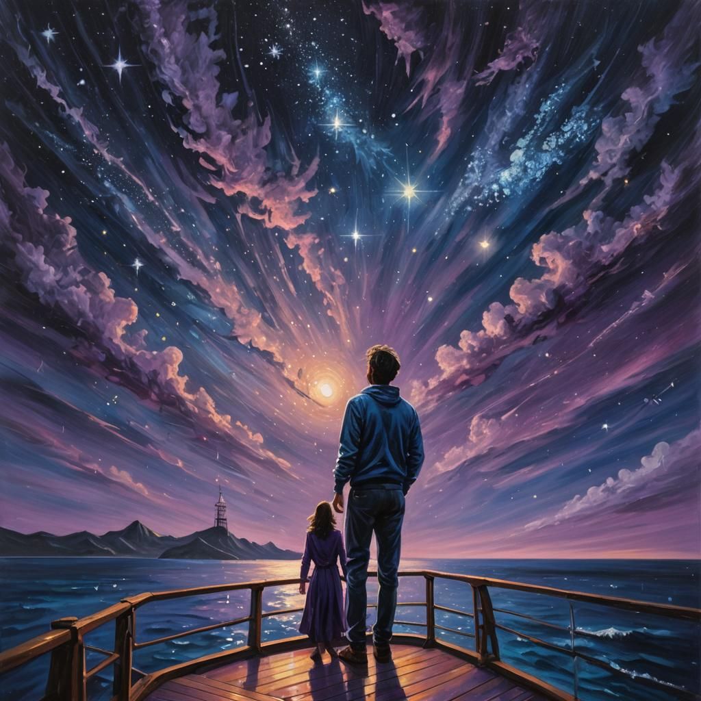 Cosmic Surrealism: Stargazer on a Moonlit Deck