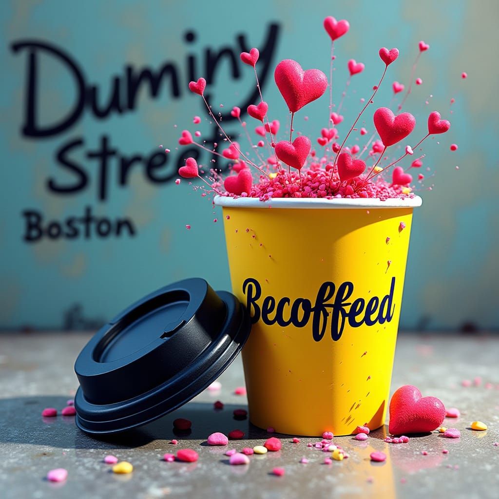 Vibrant Coffee Cup with Graffiti Logo and Hearts