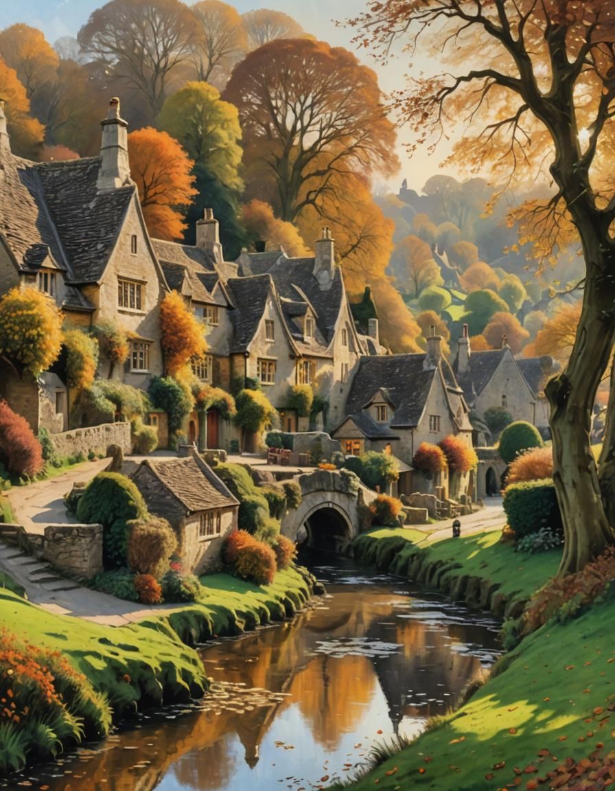 Bibury Cotswolds Autumn Scene in Neo-Impressionist Style