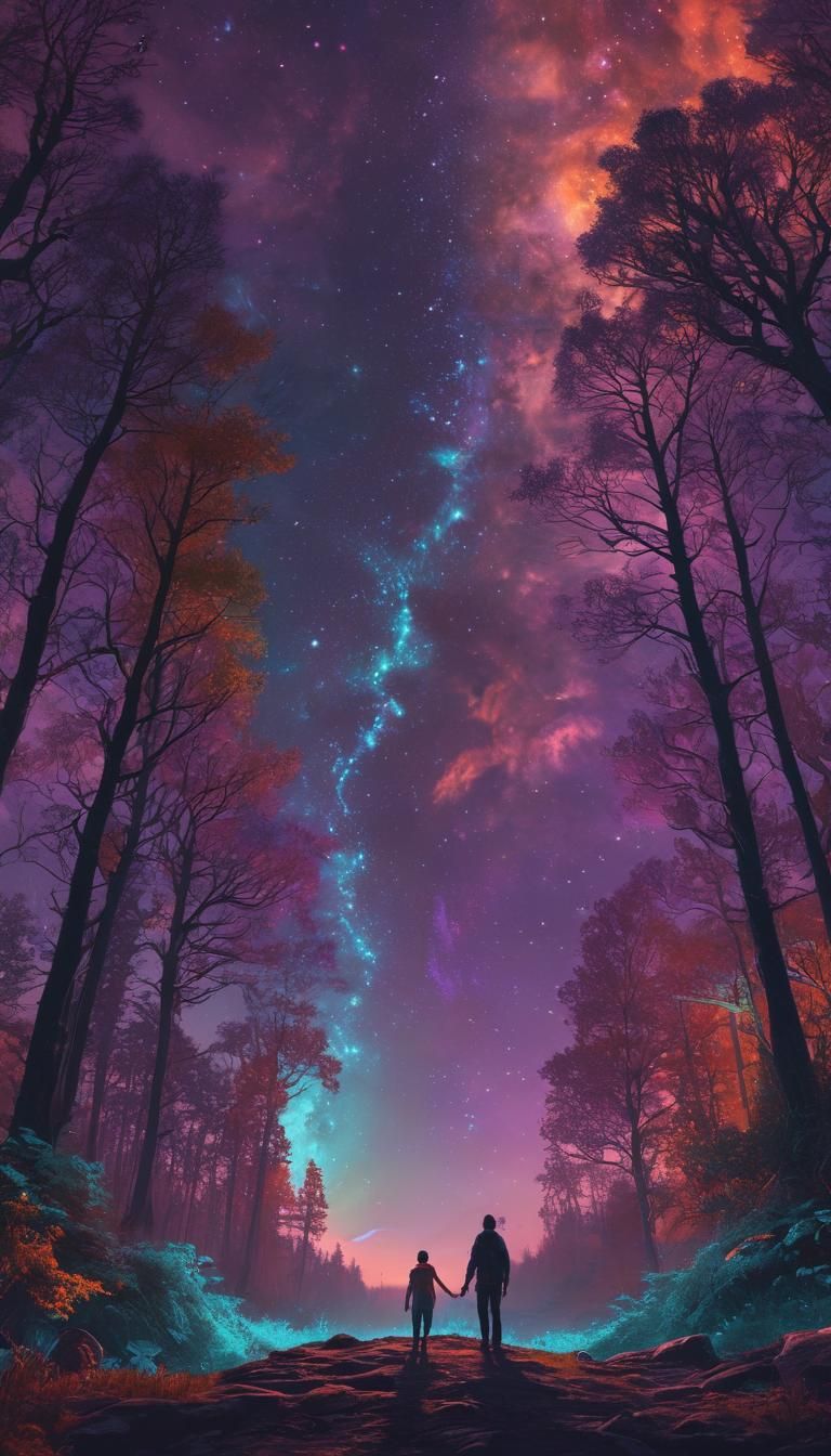 Bioluminescent Forest Couple Gazing at Galaxy