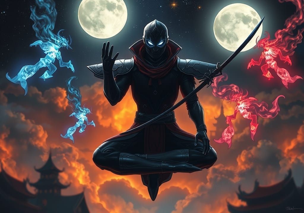 Mystical Armored Figure Meditating Under Night Sky