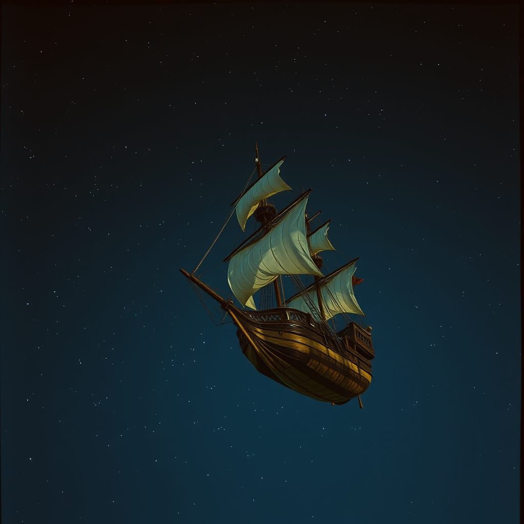 Pirate Ship Soaring Through Starry Night Sky
