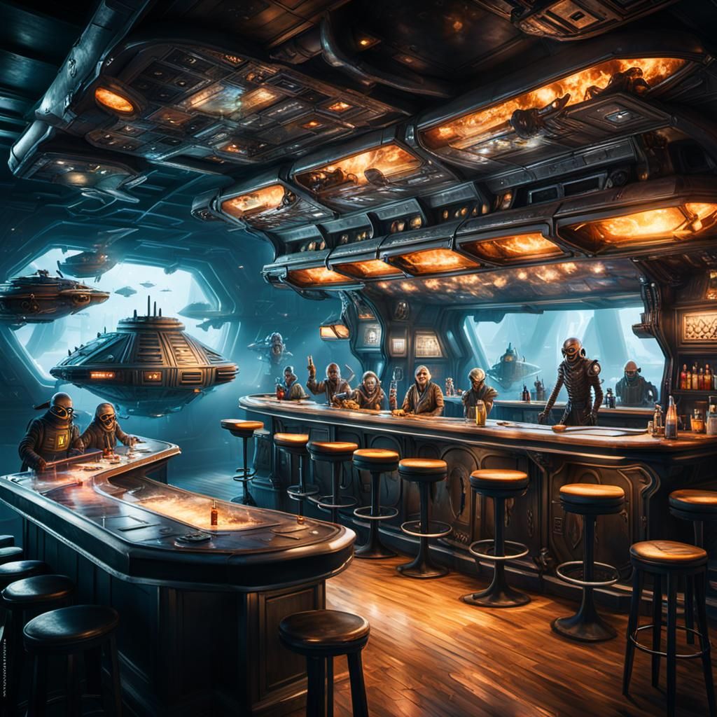 Crowded Spaceship Bar with Aliens and Pirates