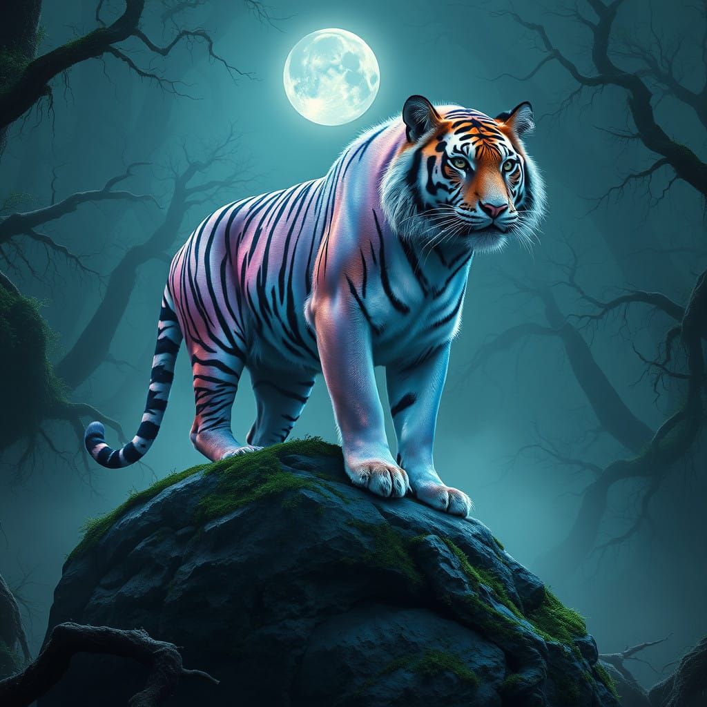 A majestic tiger with iridescent, semi-transparent fur that ...