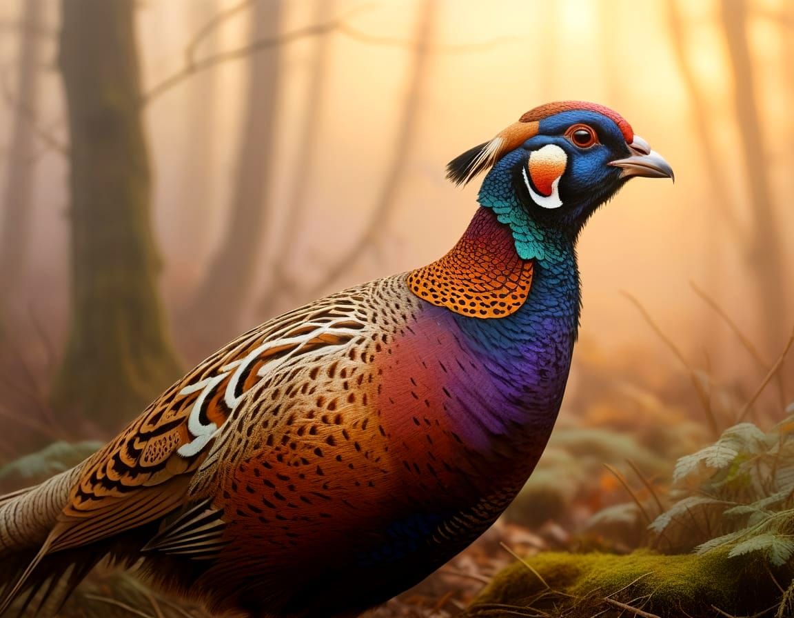 Golden Pheasant in Misty Forest, in Oils Style