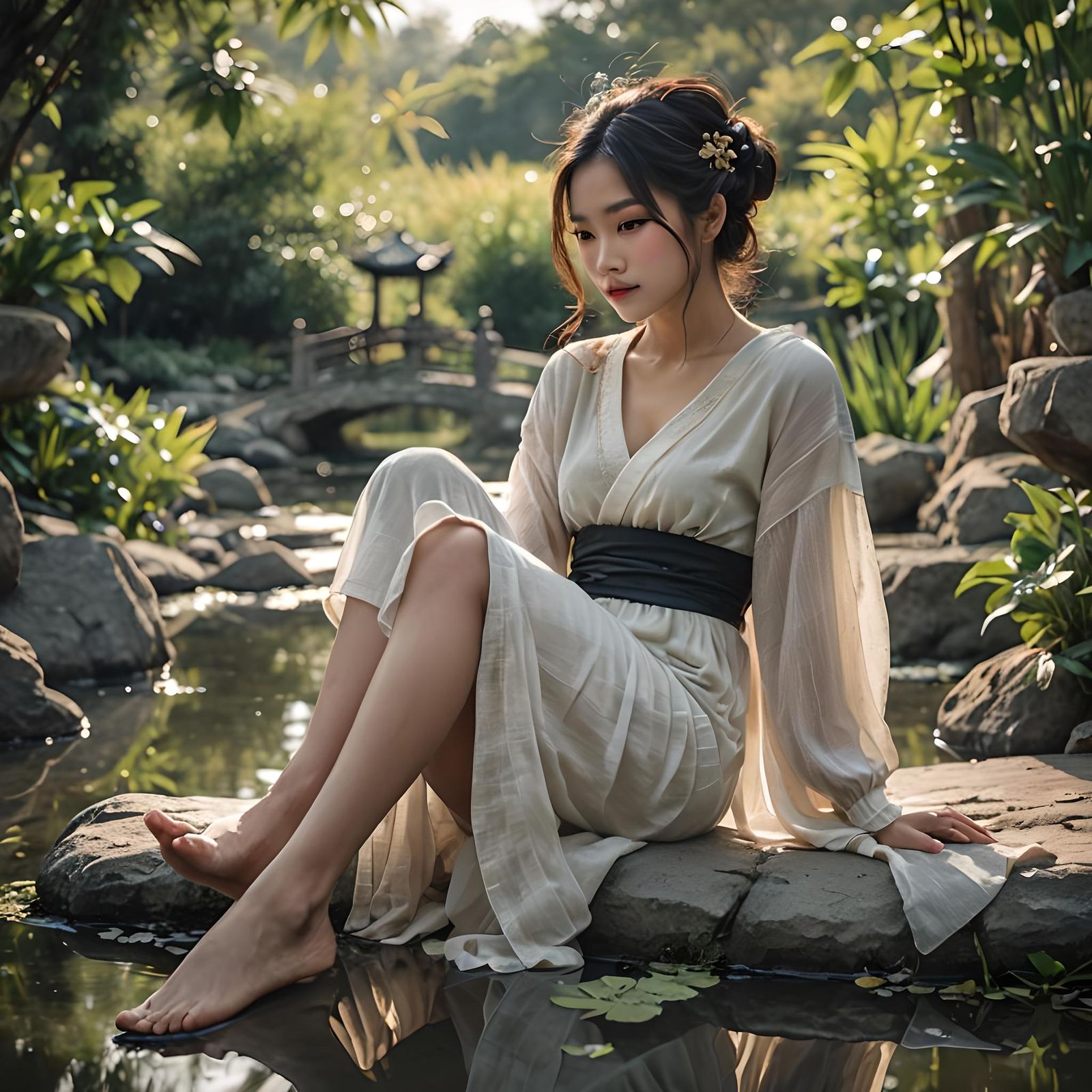 Asian Woman Relaxing by Pond: Portrait Photography