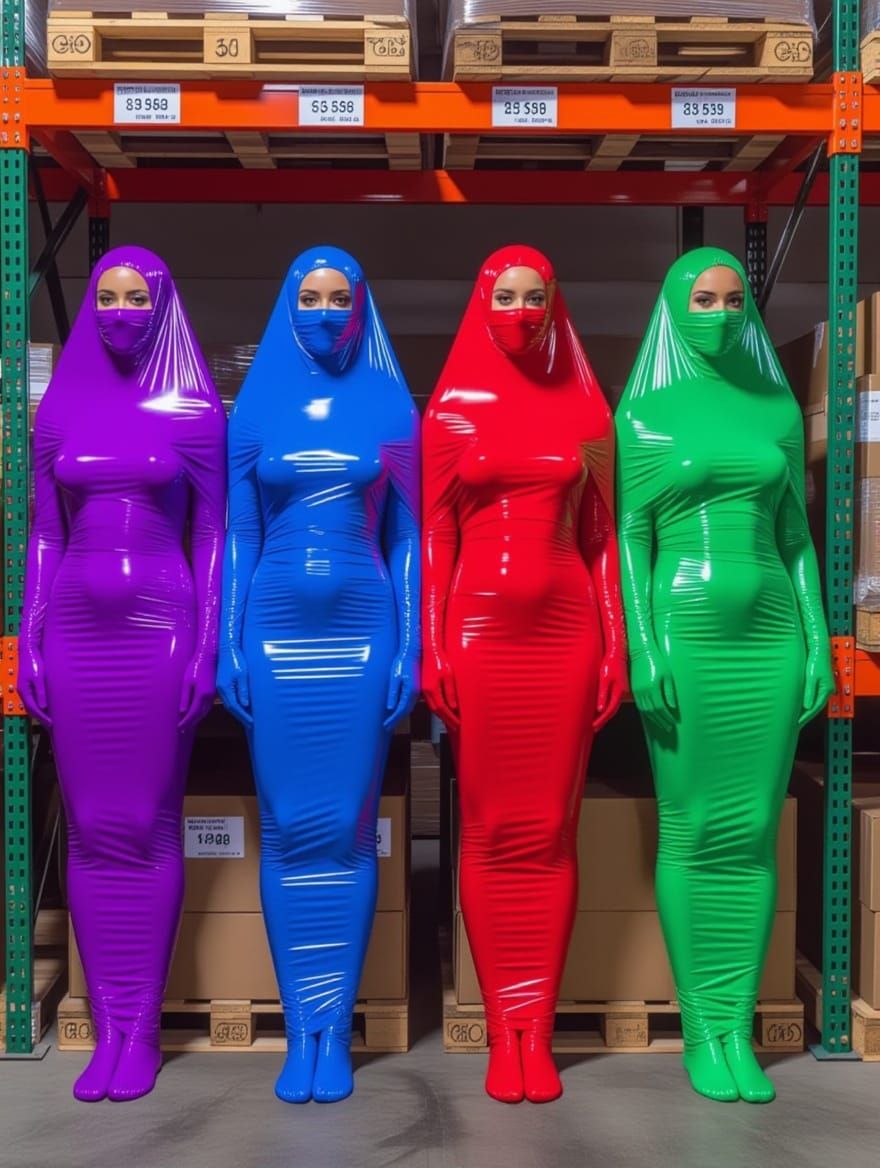 Women in Rainbow-Colored Plastics in a Dimly Lit Warehouse
