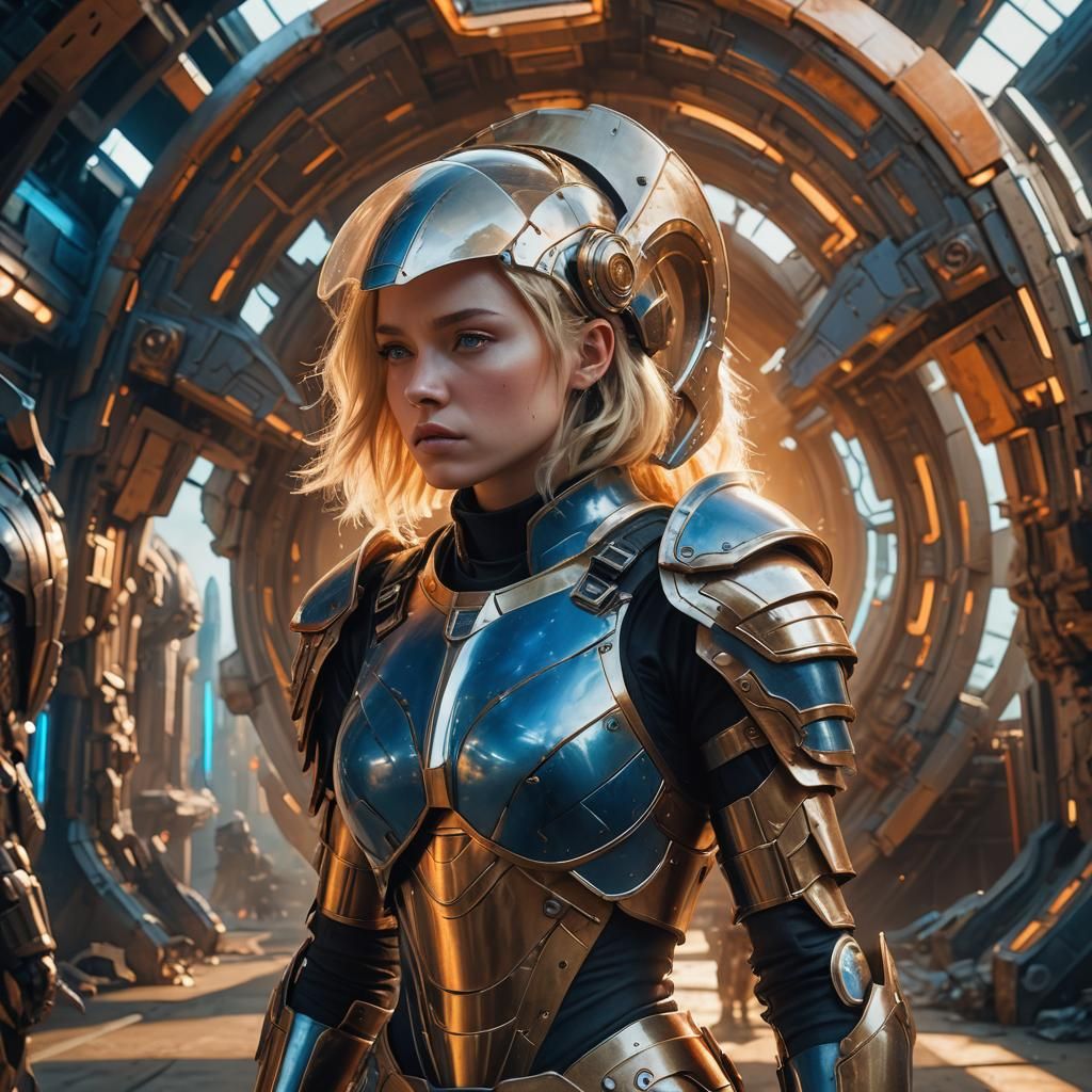 Woman in Futuristic Armor Holding Helmet