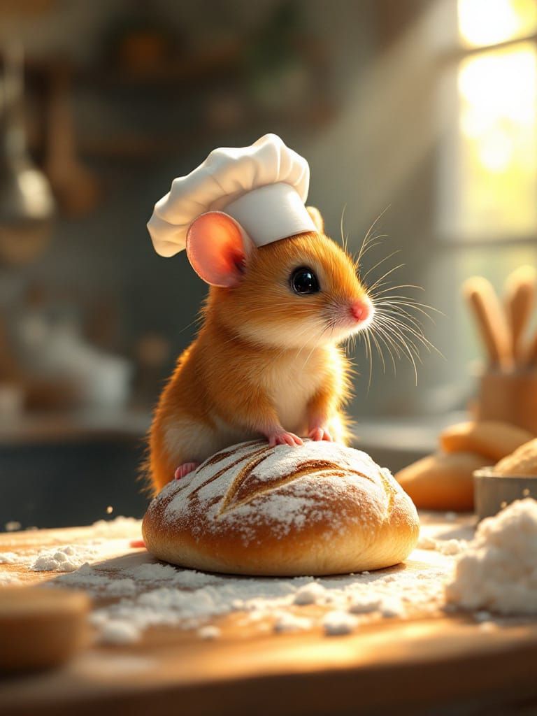 Realistic Ginger Mouse Chef on Bread in Cozy Bakery