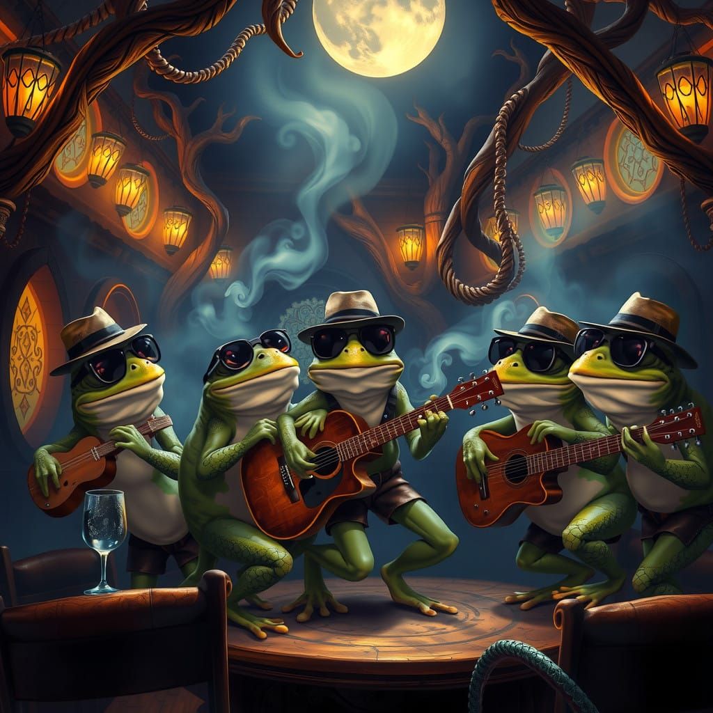 Frogs in Fedoras Play Blues Under Moonlit Sky