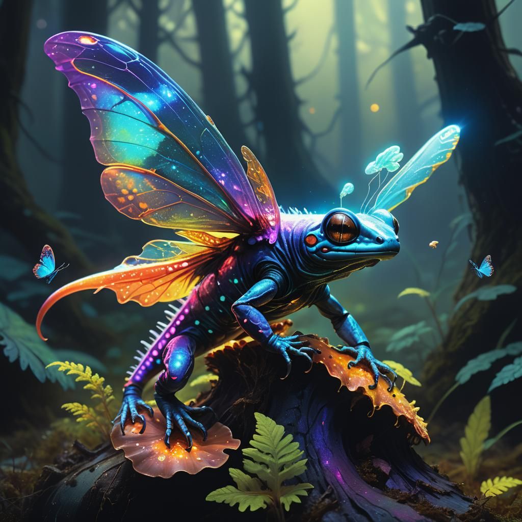 Flying Salamander Alien Creature in Ethereal Forest