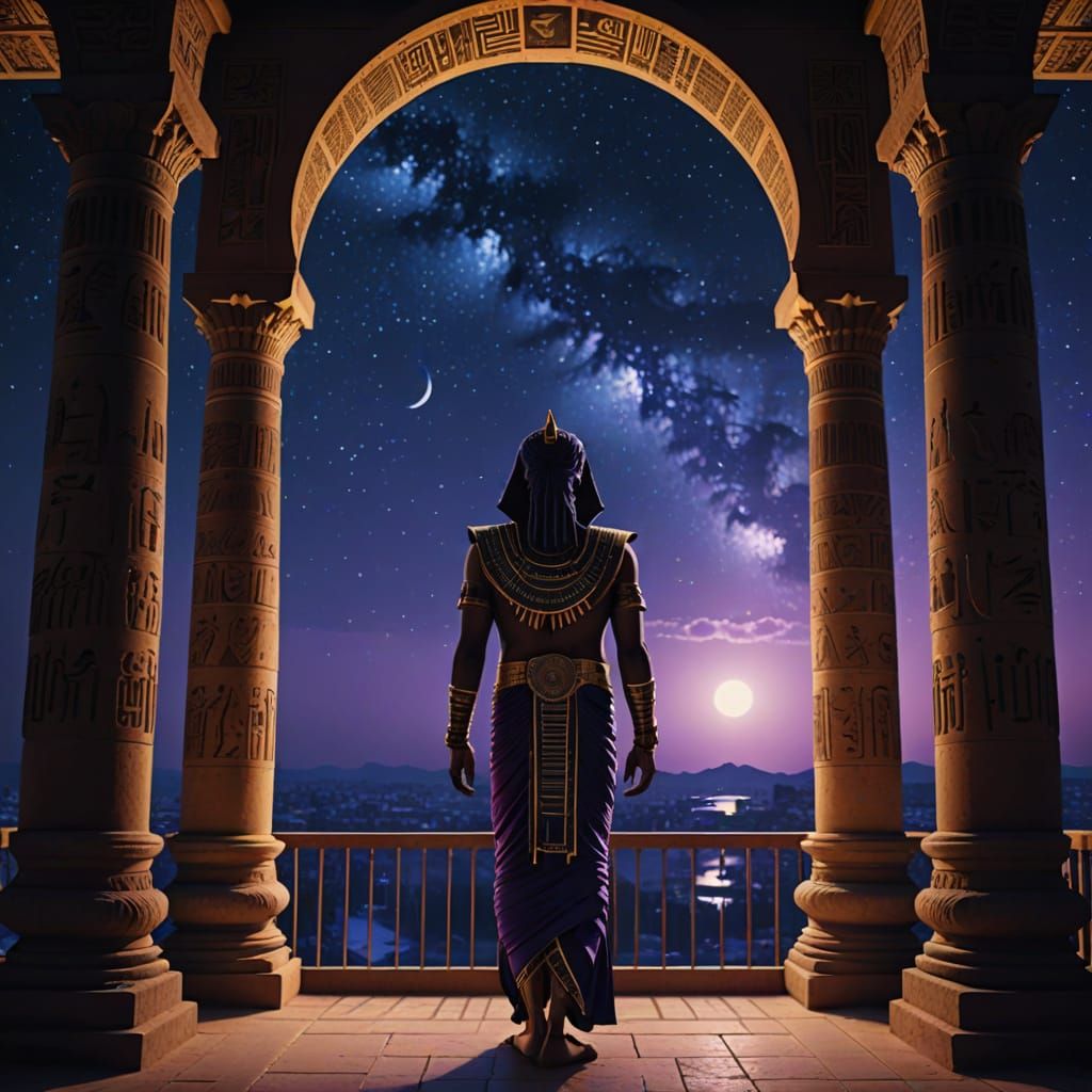 Young Pharaoh Contemplates Under Golden Temple Light