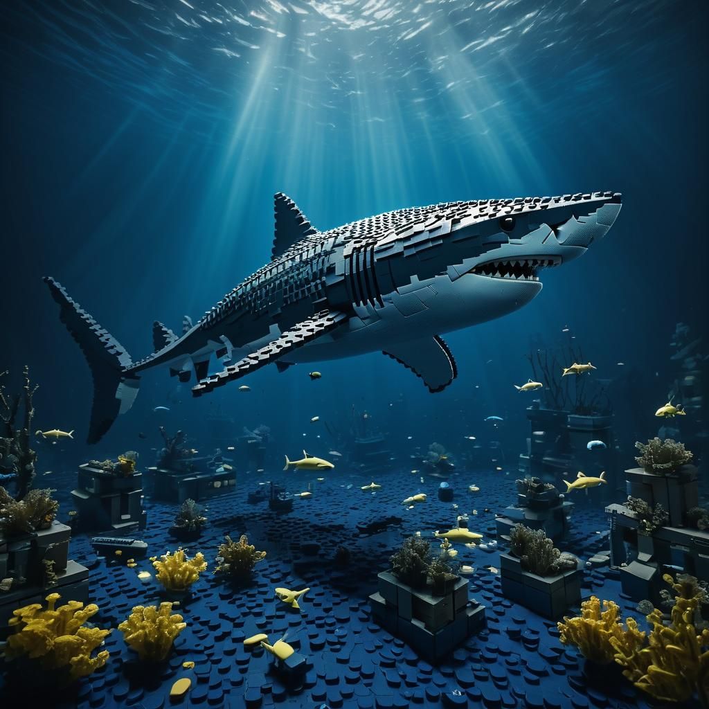 Lego Shark Submerged: A Cinematic Digital Painting