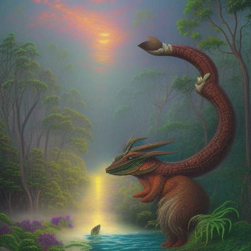Ethereal Bunyip in Misty Billabong, Kinkade Style