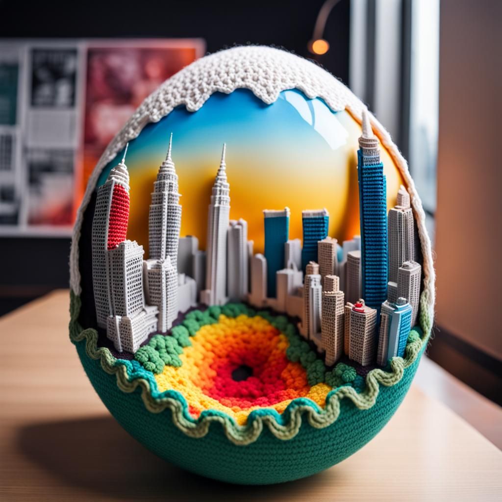 Crochet beautiful cityscape of Kuala Lumpur came out from the giant egg's shell