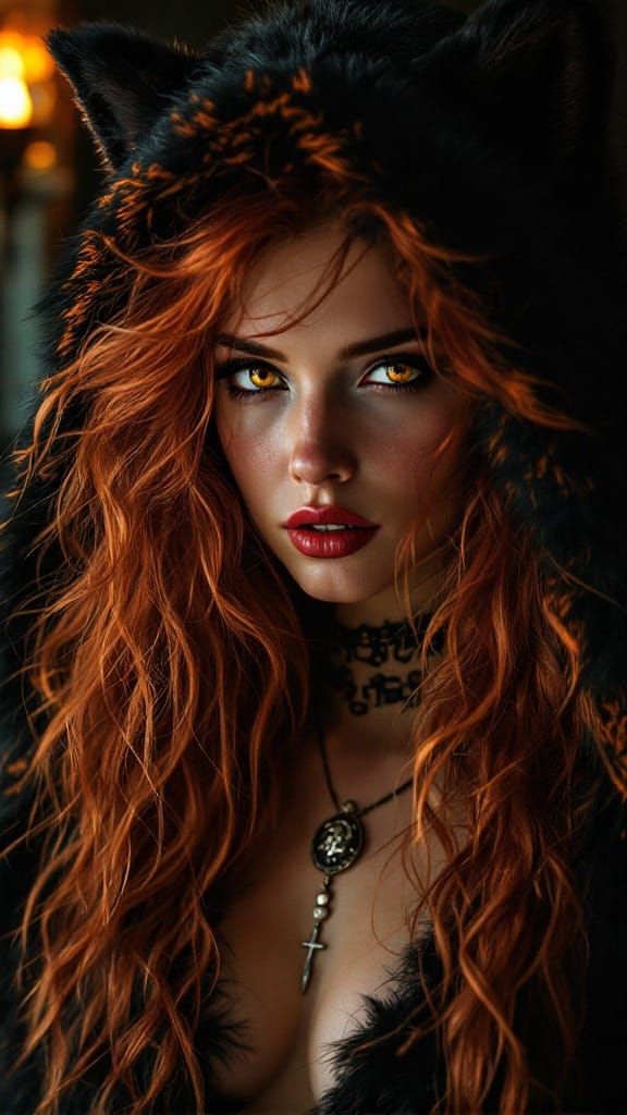 Ethereal Woman in Golden Eyes Contemplates with Enigmatic In...