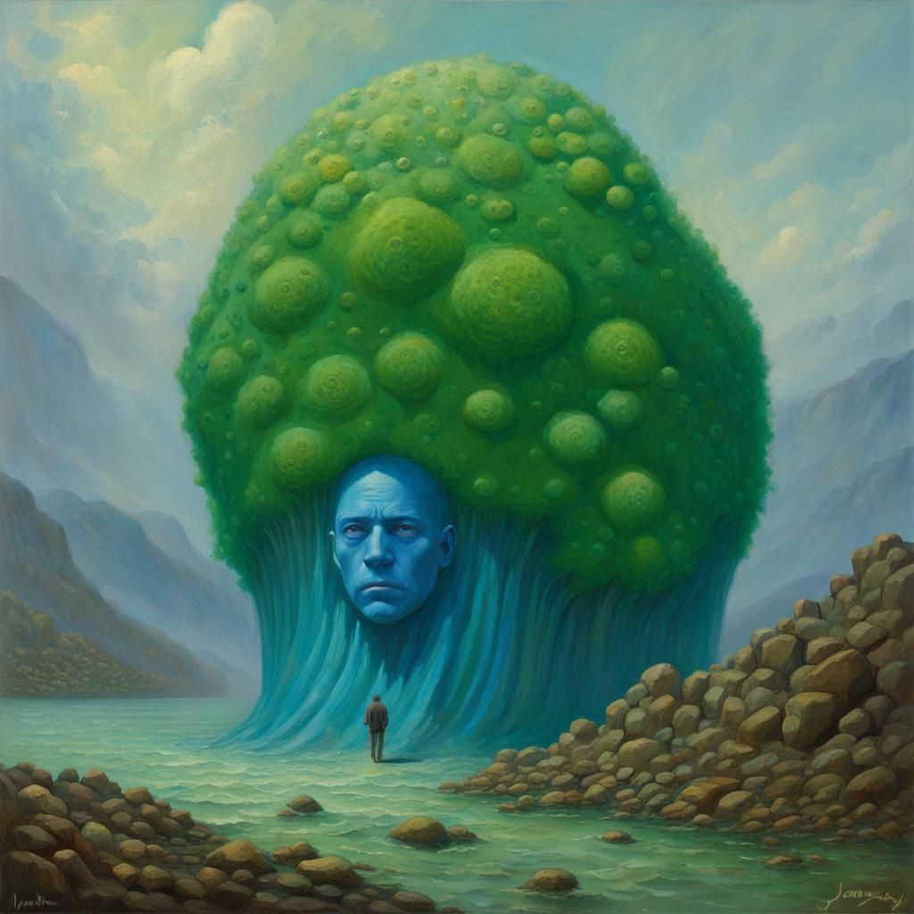 Blue Man Eaten by Amoeba in Beksinski Style