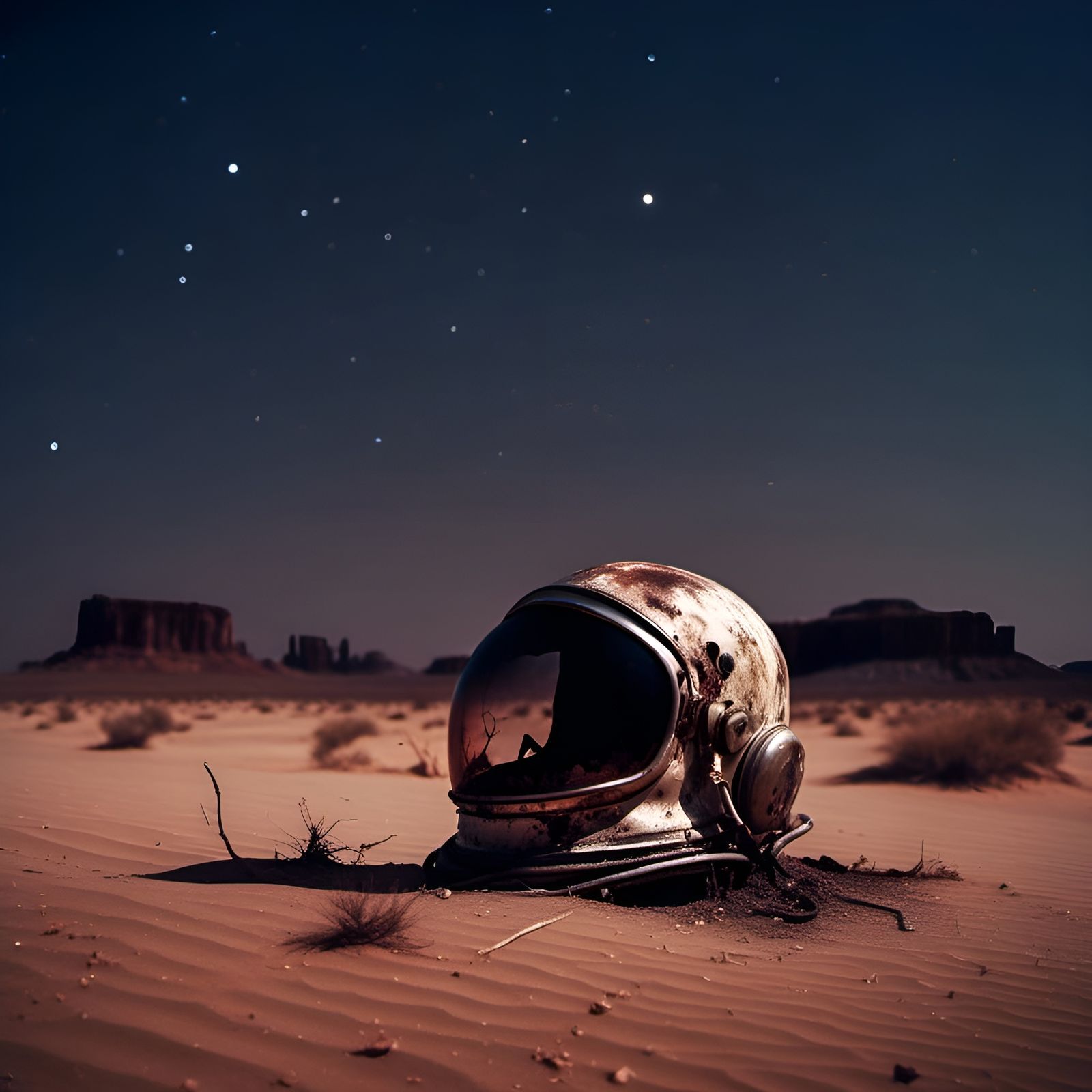 Burnt Astronaut Helmet in Desert Night