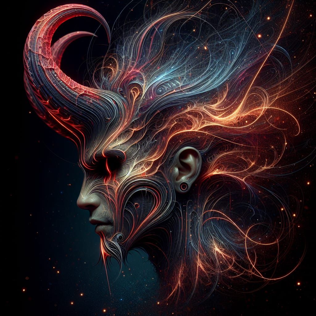 Stylized Fantasy Profile with Radiant Horns and Burning Aura