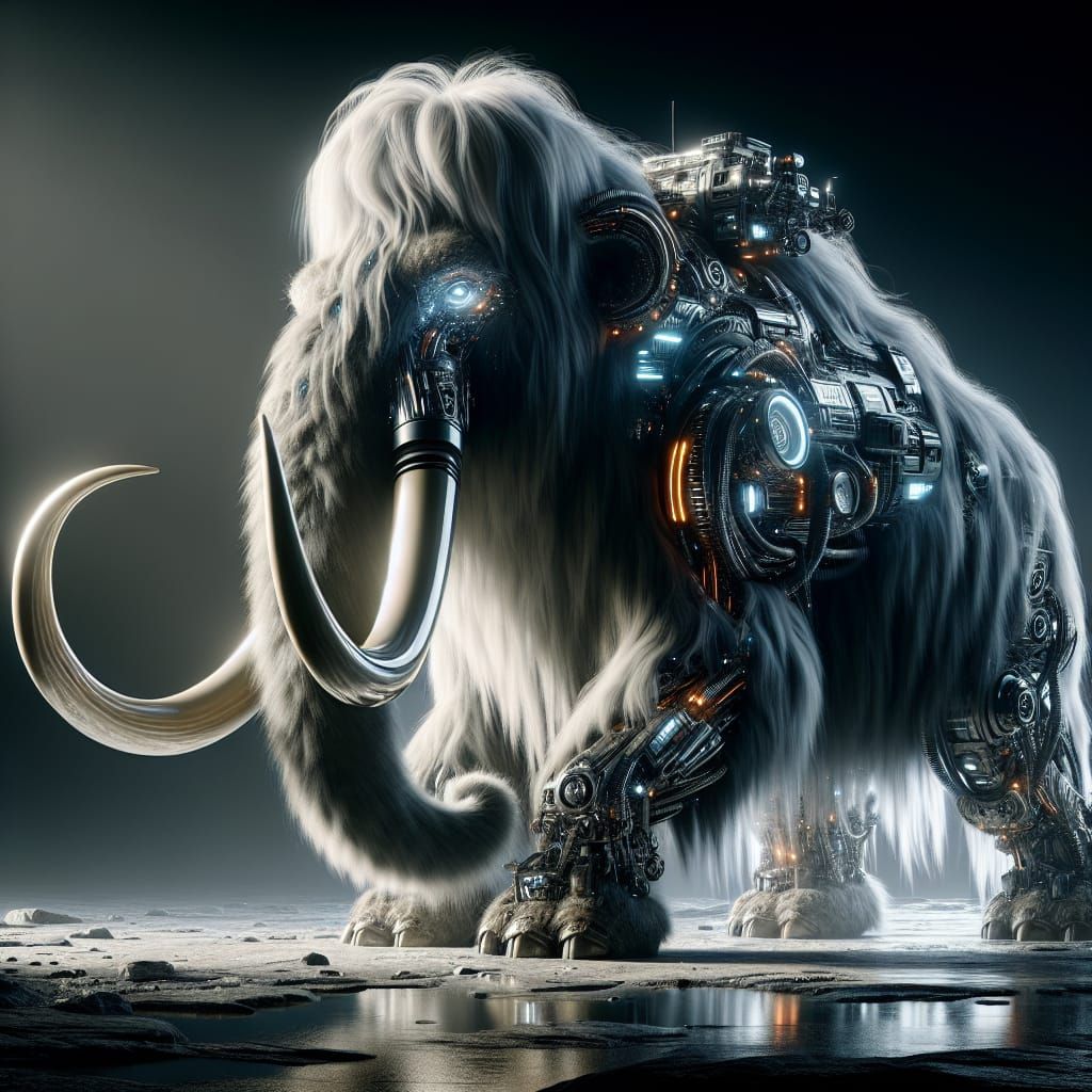 Cybernetic Woolly Mammoth with Rider in Fantasy Style