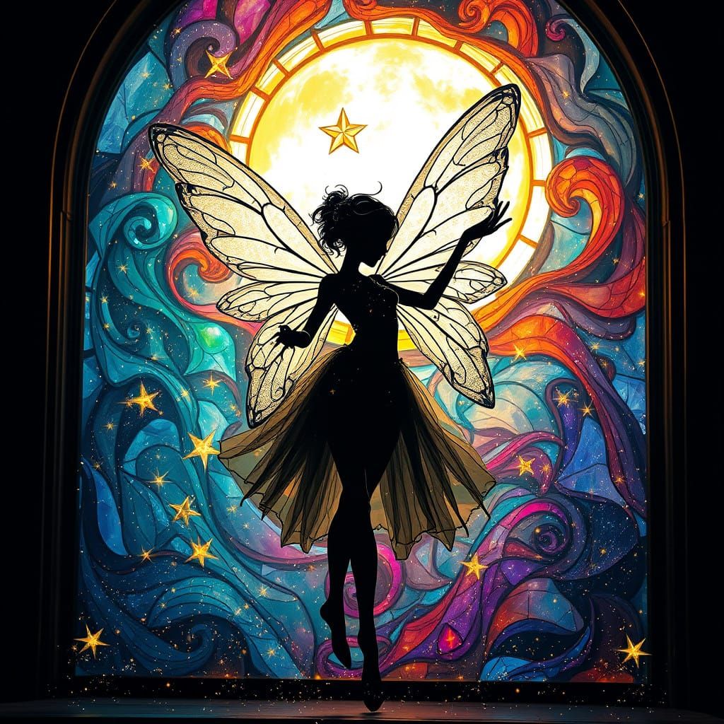 Surrealist Zombie Fairy Dances in Celestial Stained Glass